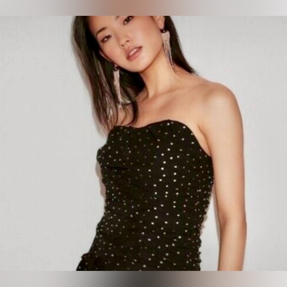 Express |Gold Polka Dot Strapless Bustier Side Tie Blouse | 10 |